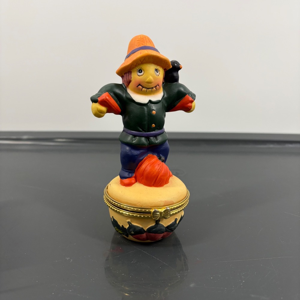 Vintage Ceramic Scarecrow Trinket Box Fall Harvest Decor Hinged Jewelry Case